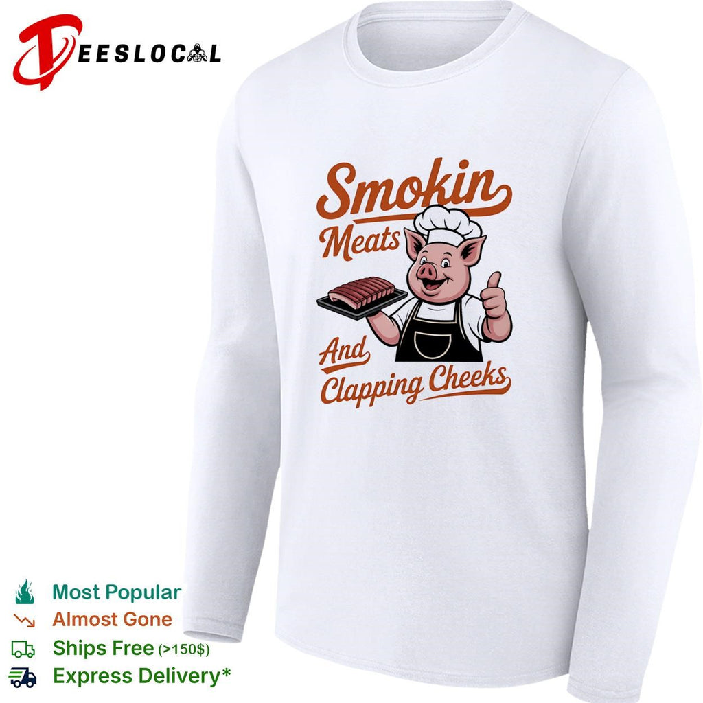 Smokin meats and clapping cheeks pig chef BBQ script lettering graphic shirt