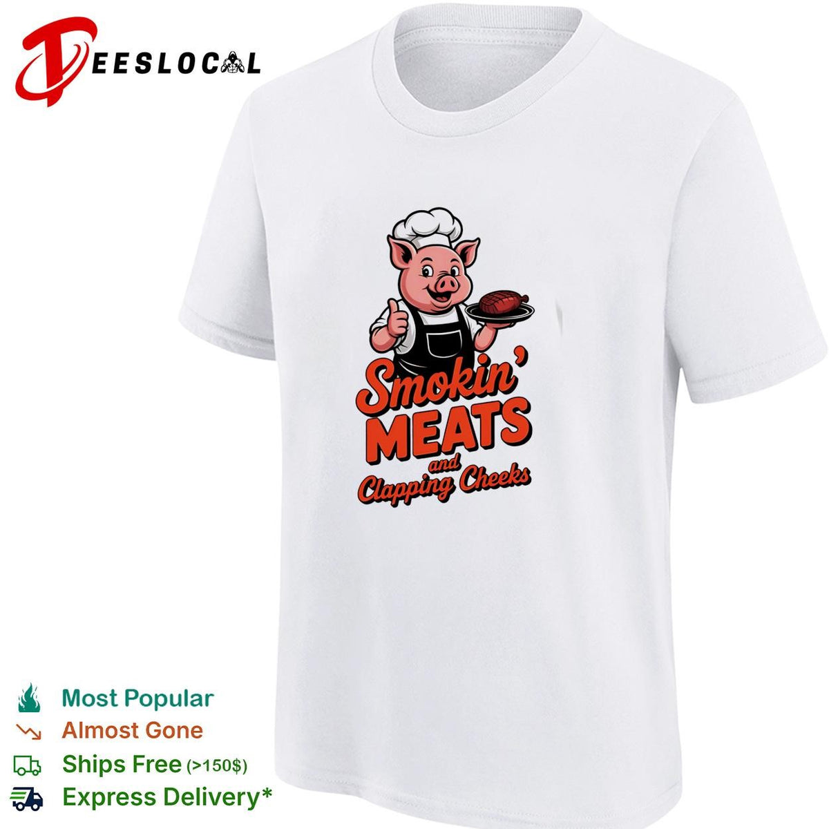 Smokin meats and clapping cheeks pig chef BBQ stacked text logo graphic shirt