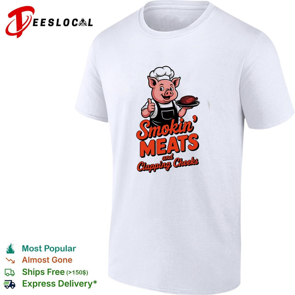 Smokin meats and clapping cheeks pig chef BBQ stacked text logo graphic shirt