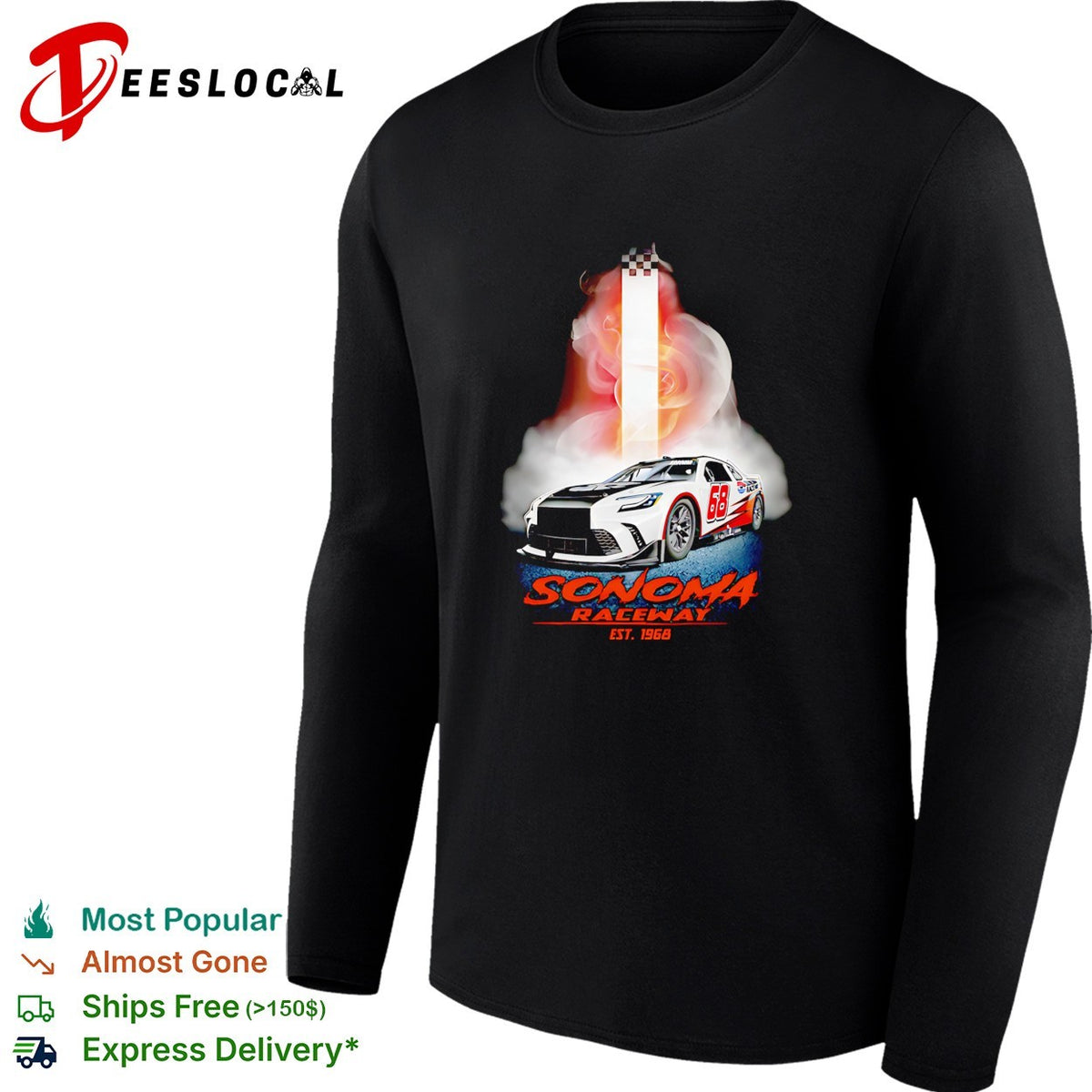 Sonoma Raceway est 1968 stock car checkered flag smoke dramatic art shirt