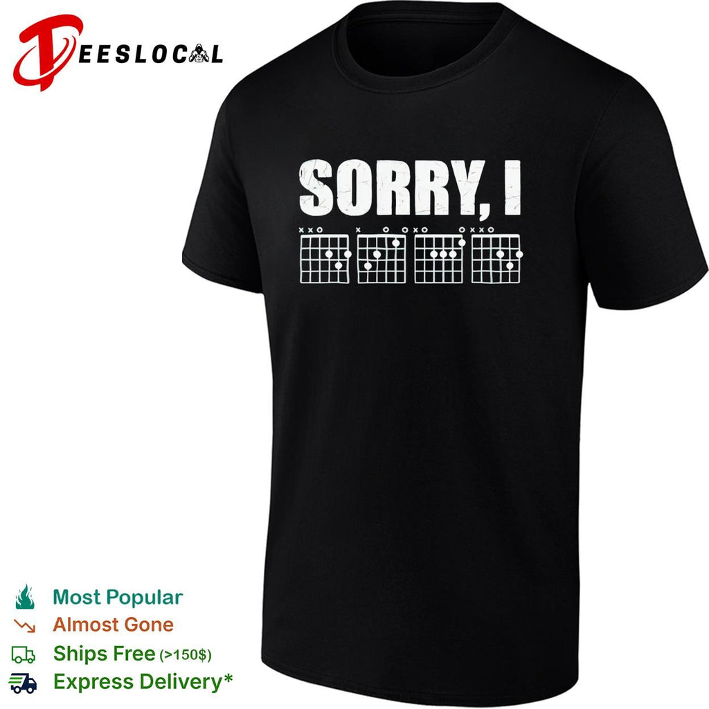Sorry I distressed bold lettering with guitar chord diagrams band graphic shirt