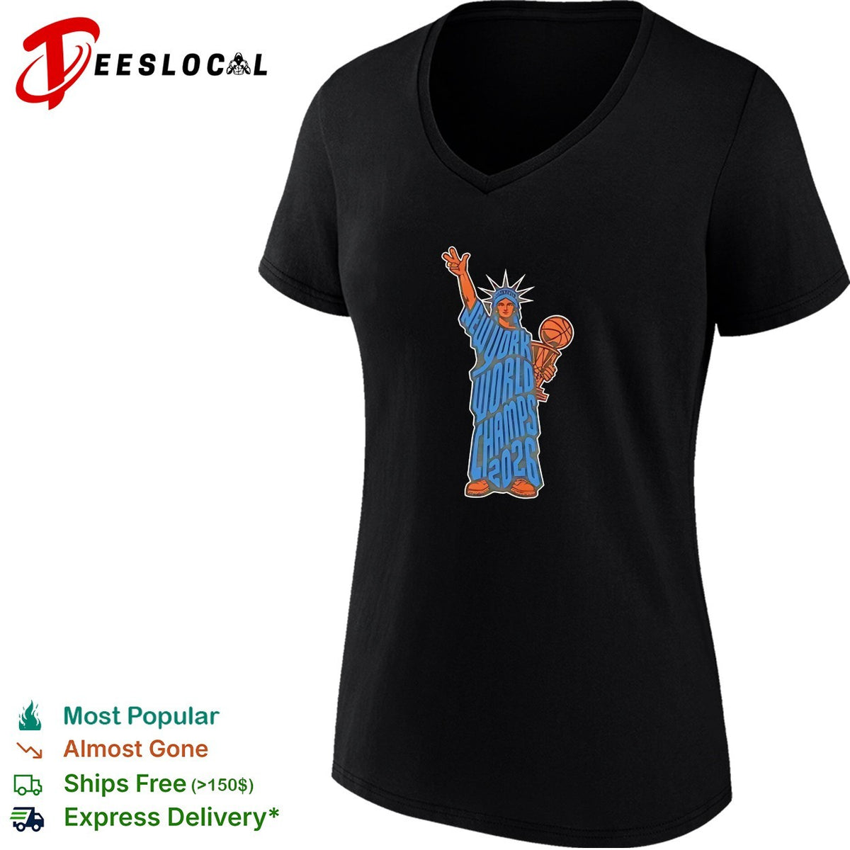 Statue of Liberty New York World Champs 2026 basketball trophy bold illustration shirt
