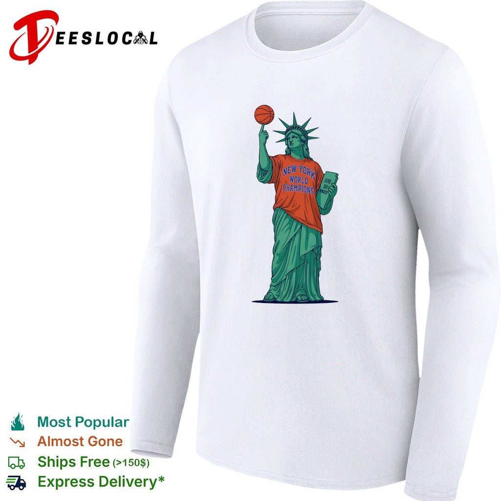 Statue of Liberty wearing New York World Champions Knicks jersey basketball shirt