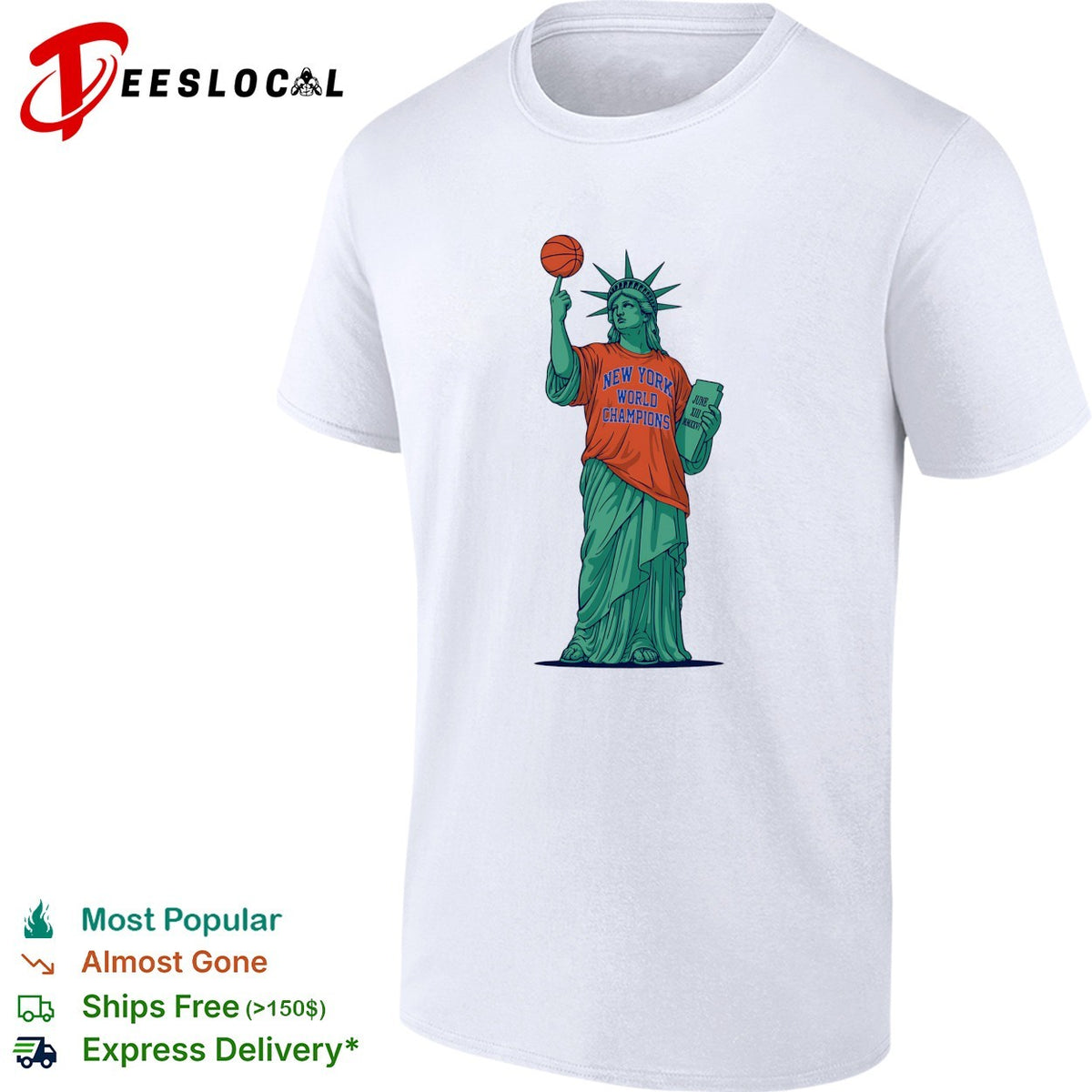 Statue of Liberty wearing New York World Champions Knicks jersey basketball shirt
