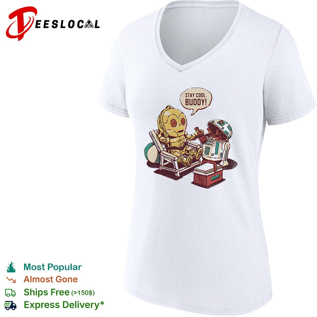Stay cool buddy two robots relaxing beach chair cartoon sci-fi humor shirt