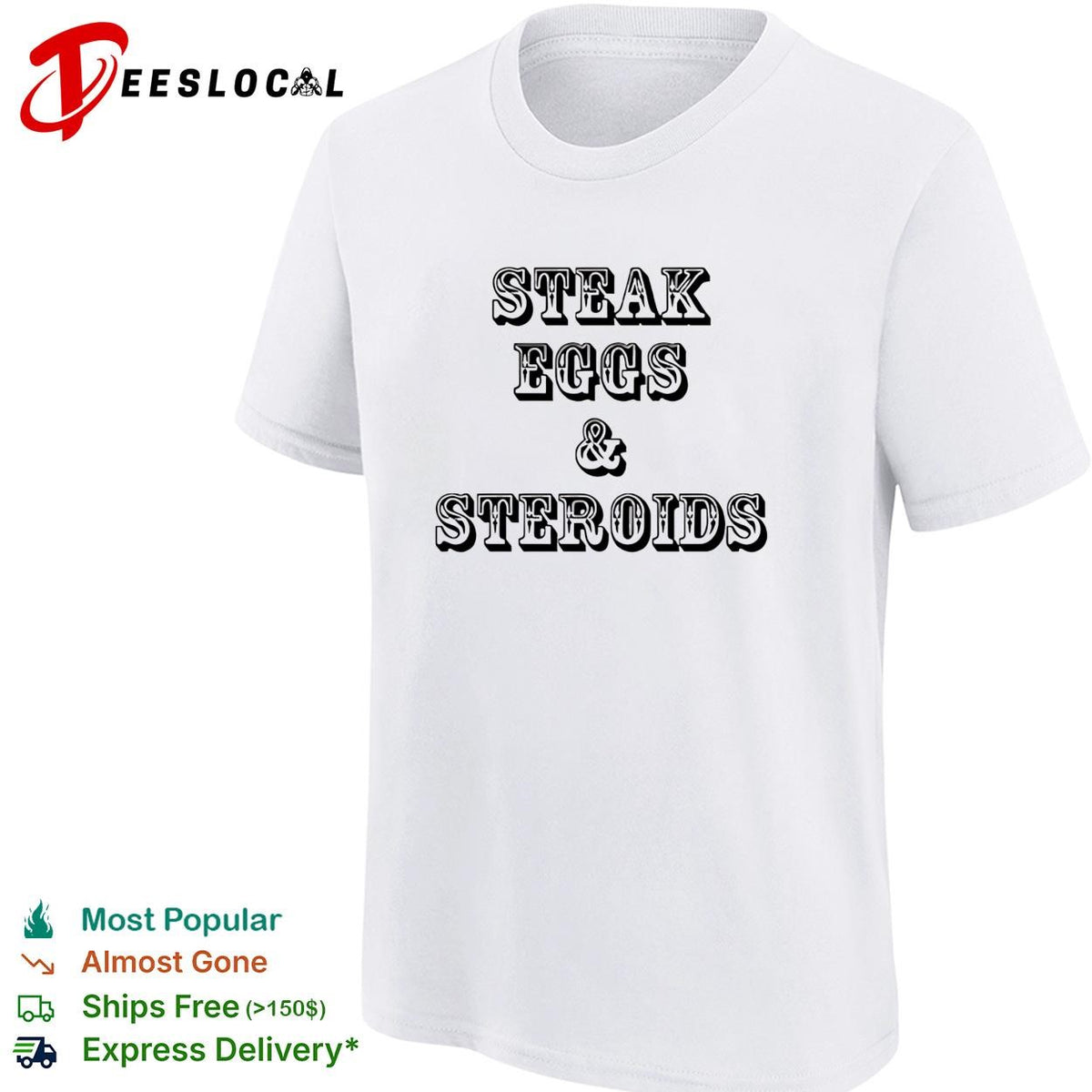 Steak eggs and steroids bold vintage western saloon text white shirt