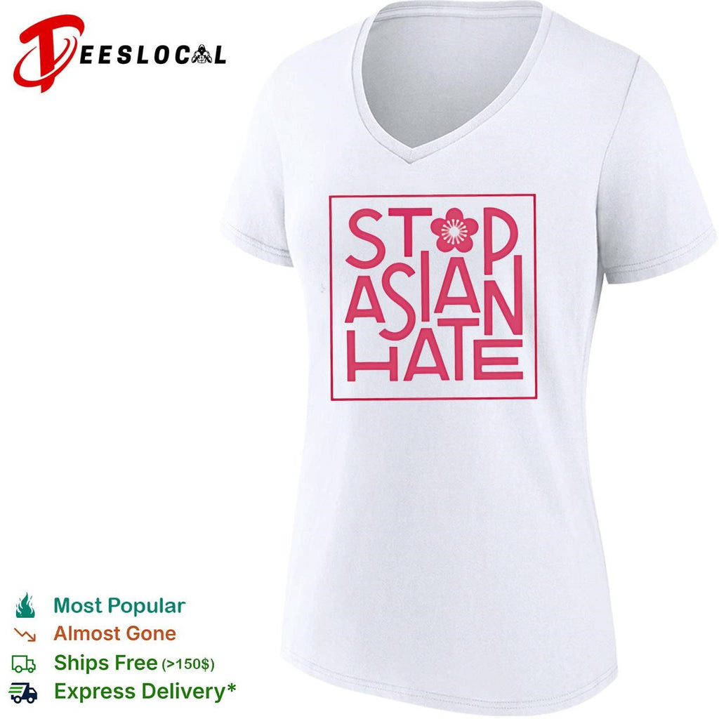Stop Asian hate cherry blossom pink bold lettering square frame awareness shirt