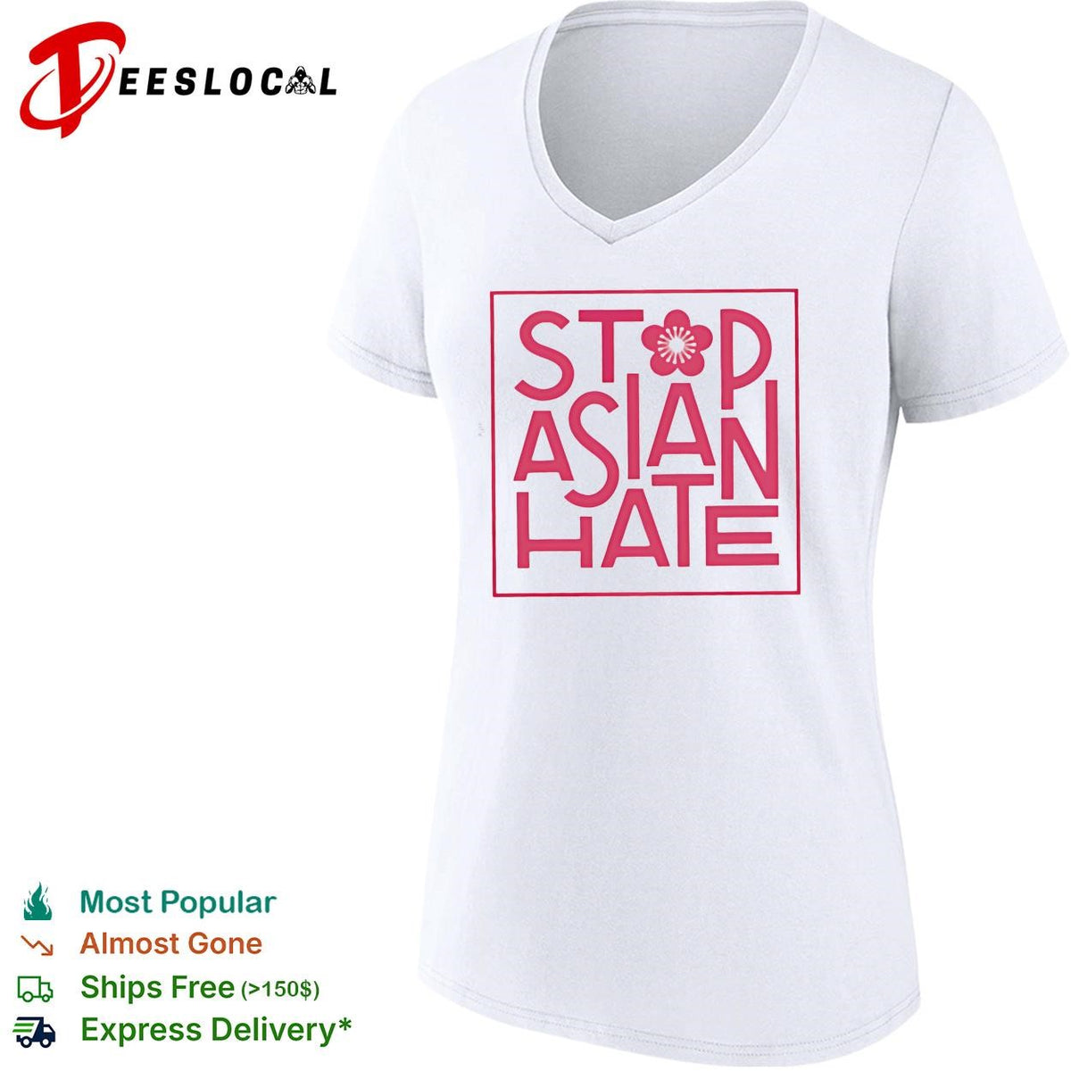 Stop Asian hate cherry blossom pink bold lettering square frame awareness shirt