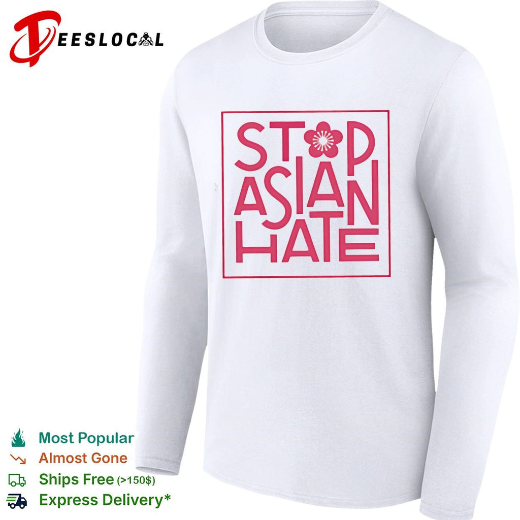 Stop Asian hate cherry blossom pink bold lettering square frame awareness shirt