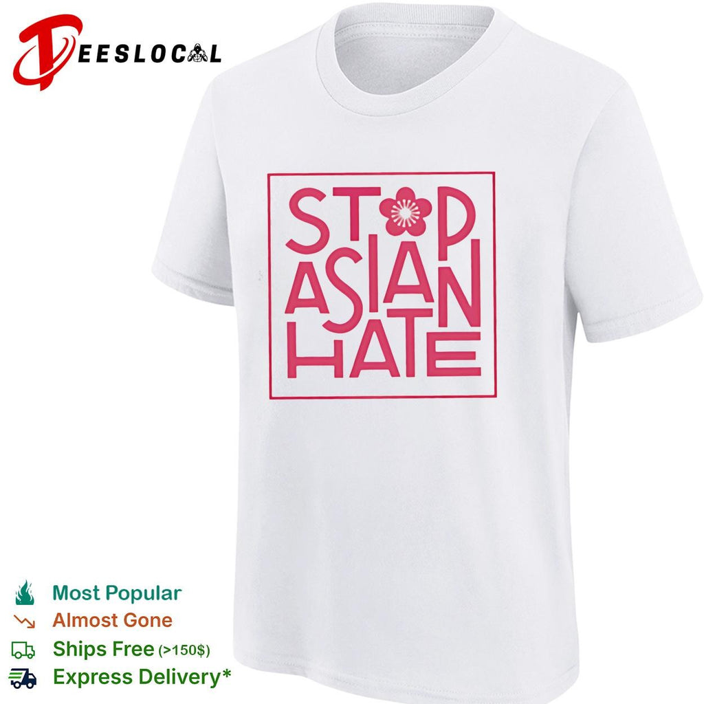Stop Asian hate cherry blossom pink bold lettering square frame awareness shirt