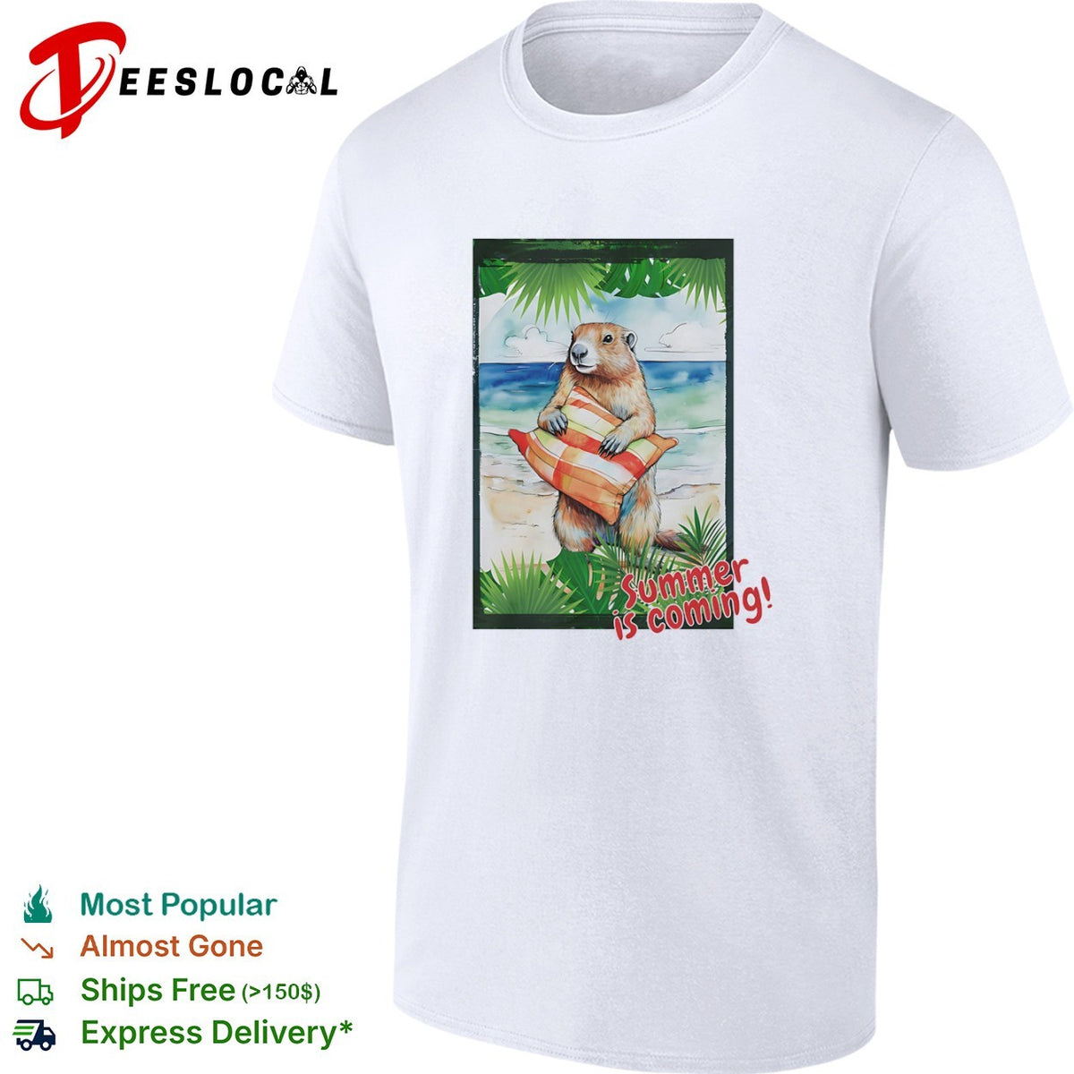Summer is coming Groundhog beach vacation sunset palm tree leaves watercolor shirt