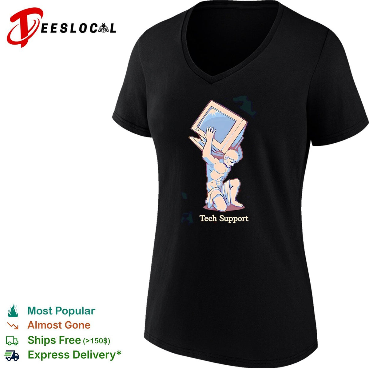 Tech Support Atlas Greek mythology figure carrying computer monitor parody art shirt