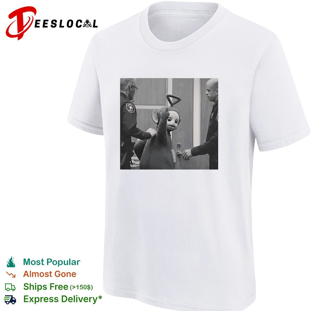 Teletubby character being arrested by two officers humorous photo parody shirt