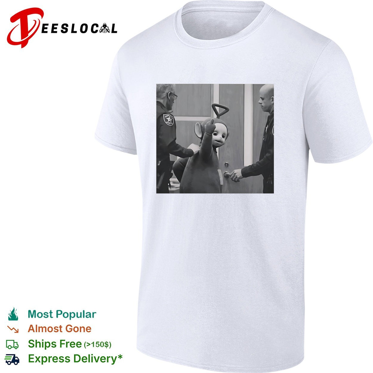 Teletubby character being arrested by two officers humorous photo parody shirt