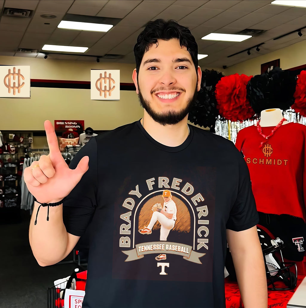 Tennessee Brady Frederick leg lift pose shirt