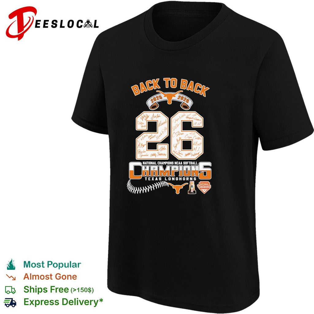 Texas Longhorns Back to Back 2025 2026 National Champions NCAA Softball Team shirt