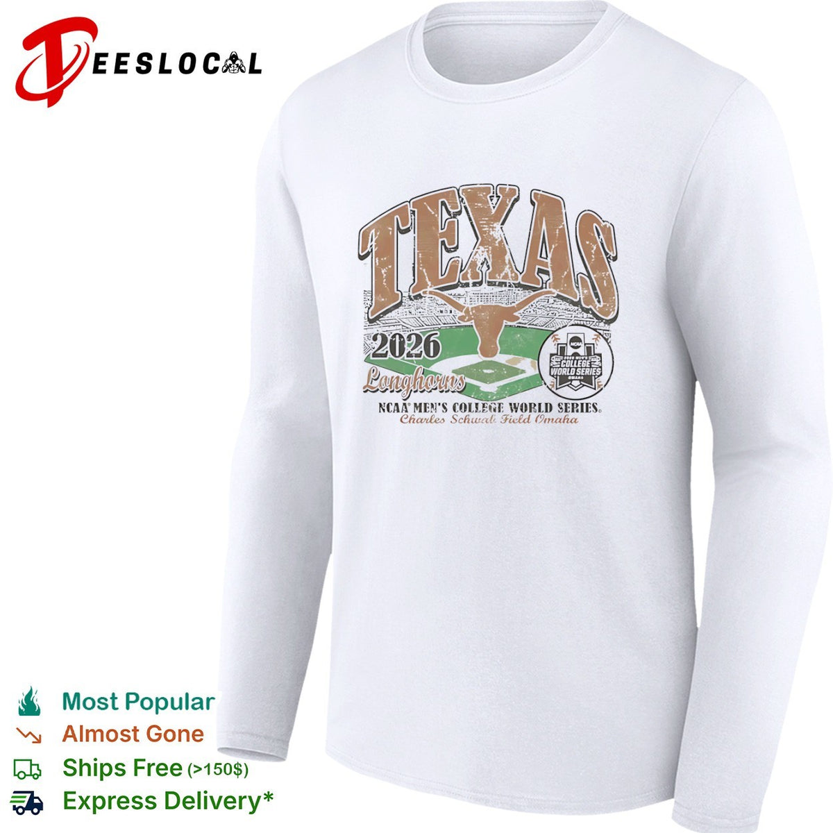 Texas Longhorns NCAA mens College World Series steer head 2026 Charles Schwab Field Omaha shirt