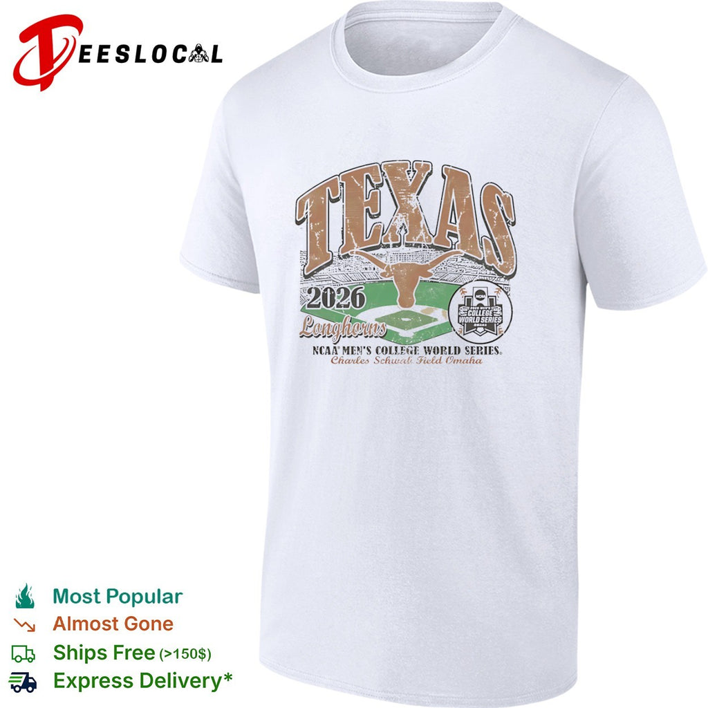 Texas Longhorns NCAA mens College World Series steer head 2026 Charles Schwab Field Omaha shirt