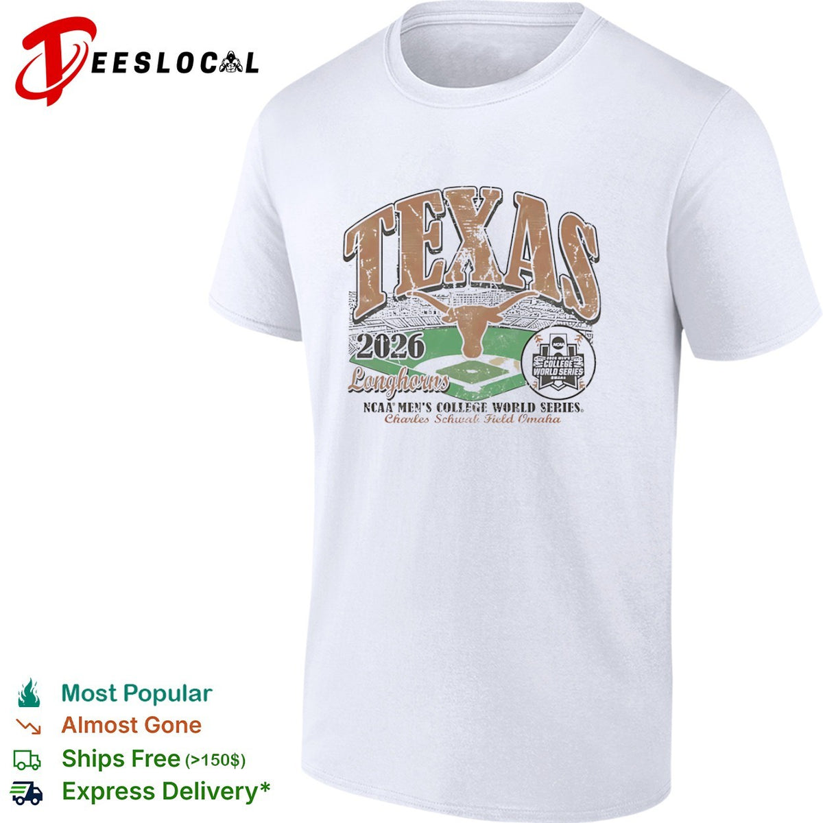 Texas Longhorns NCAA mens College World Series steer head 2026 Charles Schwab Field Omaha shirt