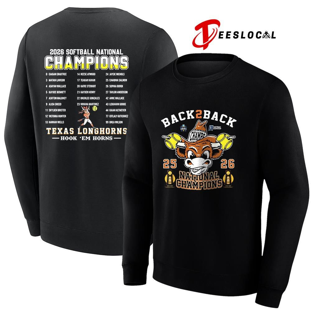 Texas Longhorns softball back 2 back National champions hook ’em horns name roster graphic shirt