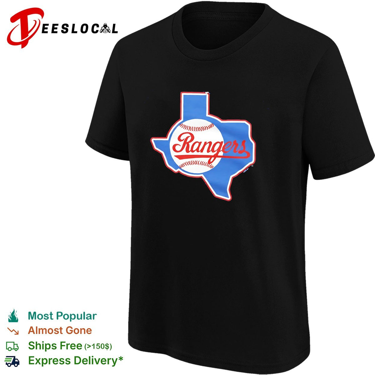 Texas Rangers Texas state outline baseball cursive script logo shirt