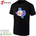 Texas Rangers Texas state outline baseball cursive script logo shirt