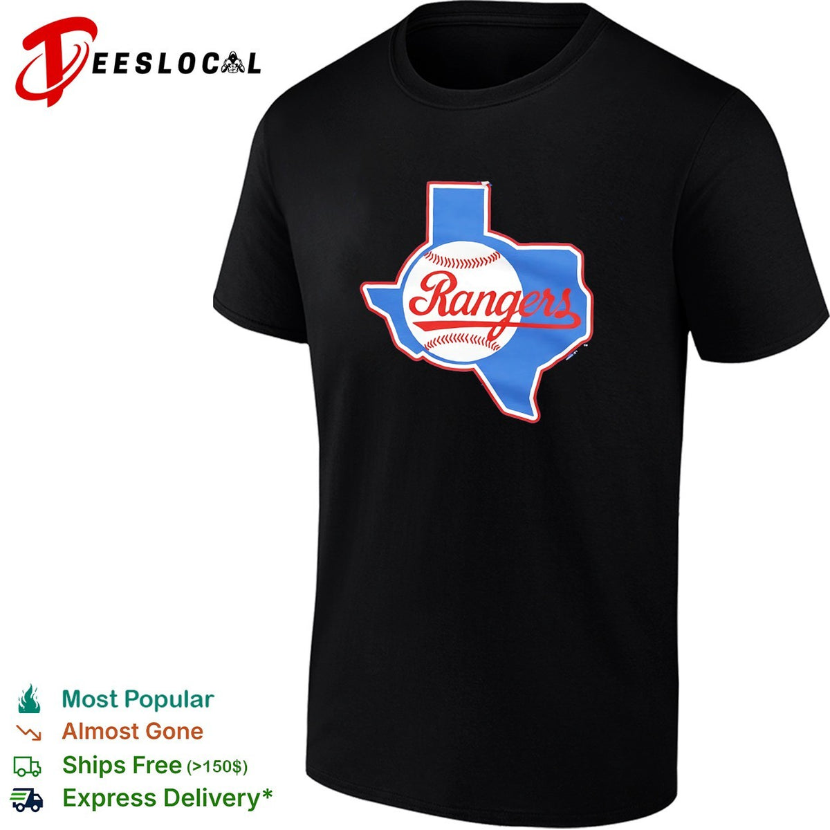 Texas Rangers Texas state outline baseball cursive script logo shirt