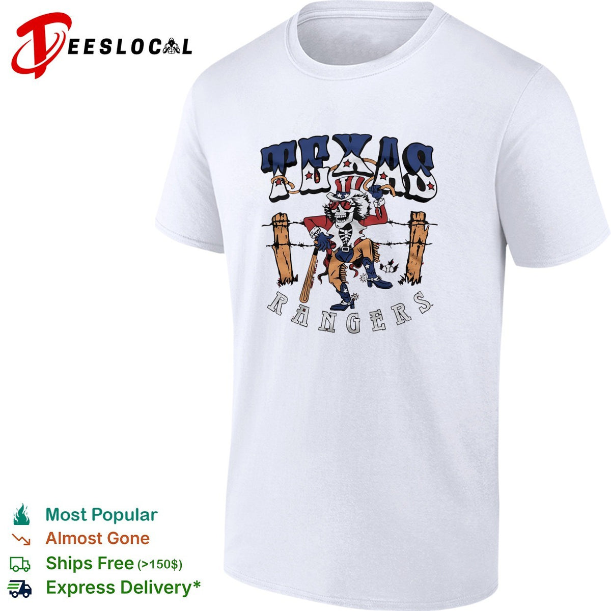 Texas Rangers x Grateful Dead skeleton cowboy MLB graphic shirt