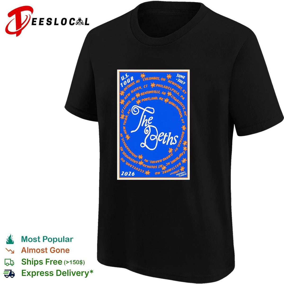 The Deths 2026 US tour cities poster shirt