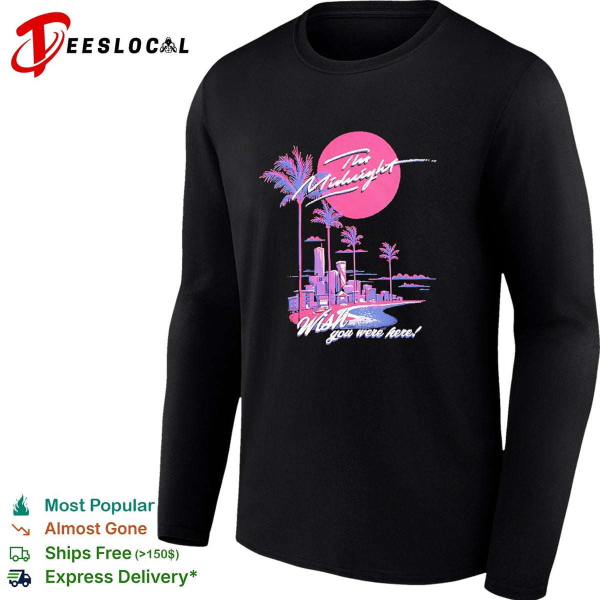 The Midnight Wish you were here Synthwave Aesthetic Neon Palm Tree Cityscape shirt