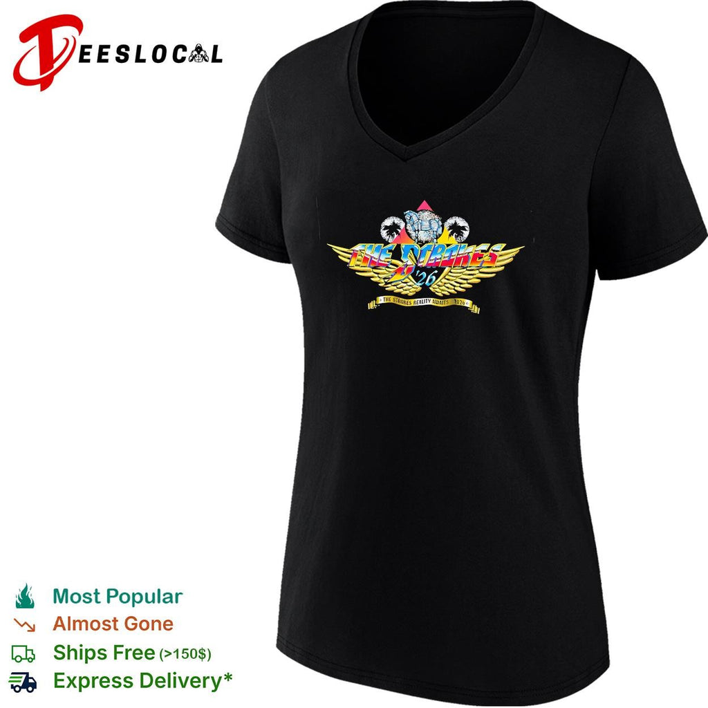 The Strokes 2026 reality awaits golden wings logo bold lettering graphic shirt