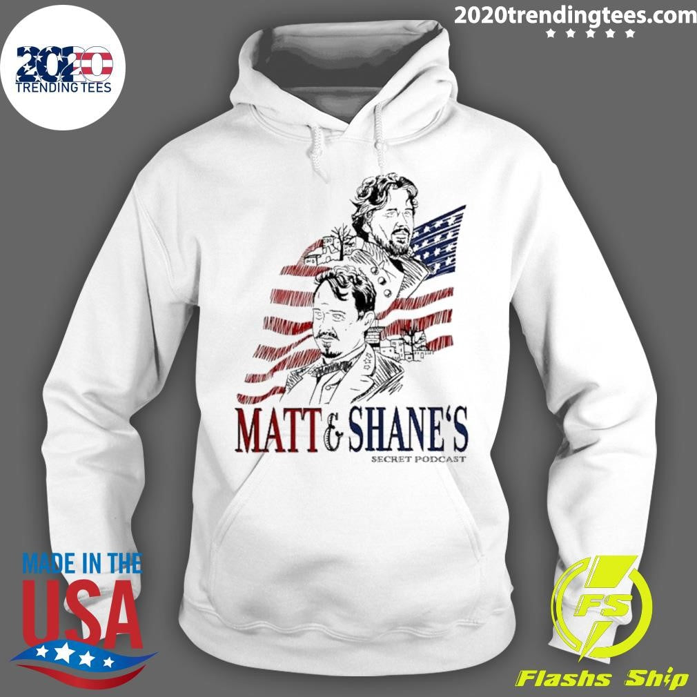 Theo Von wearing Matt and Shane’s Secret Podcast Shirt