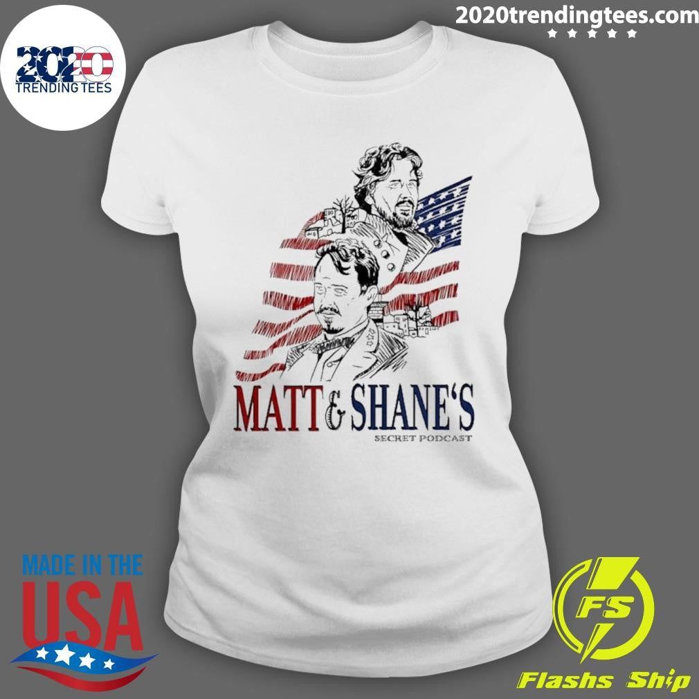 Theo Von wearing Matt and Shane’s Secret Podcast Shirt