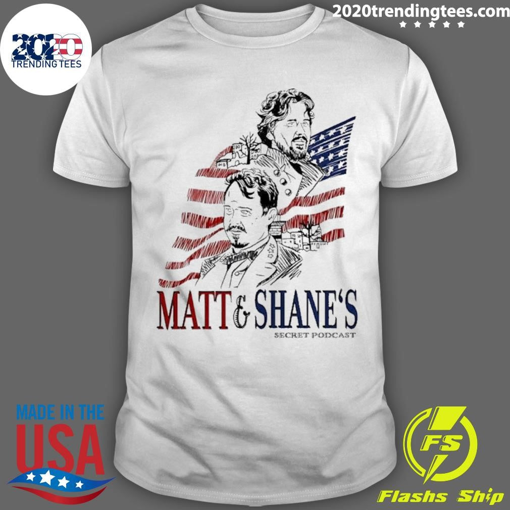 Theo Von wearing Matt and Shane’s Secret Podcast Shirt