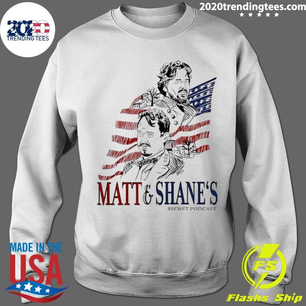 Theo Von wearing Matt and Shane’s Secret Podcast Shirt
