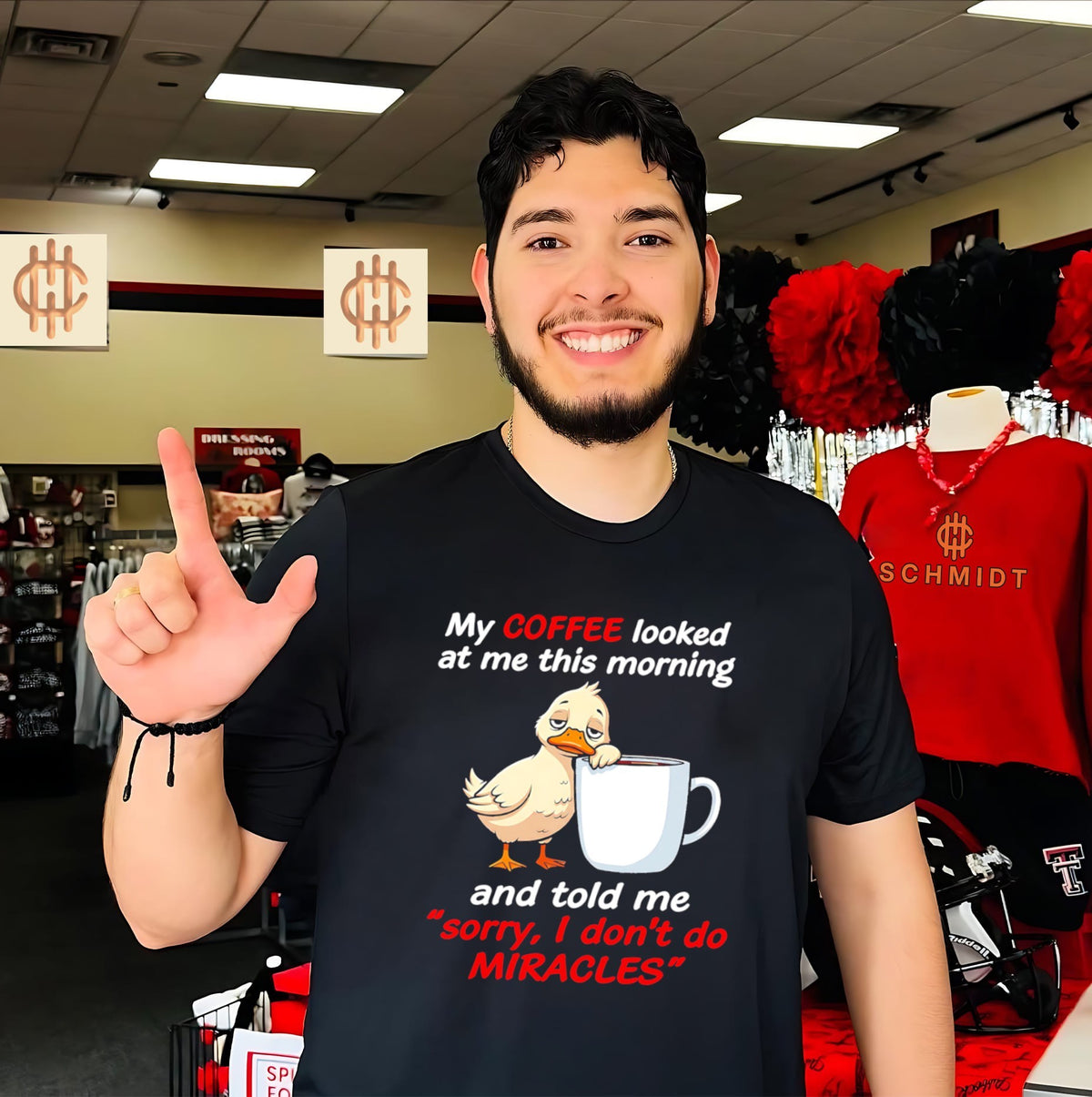 Tired Duck with Coffee Saying I Don’t Do Miracles shirt