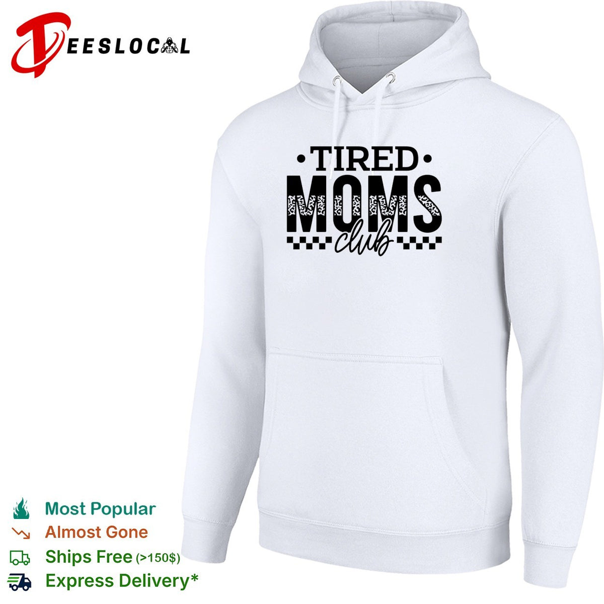 Tired Moms Club leopard print and checkered pattern design on shirt