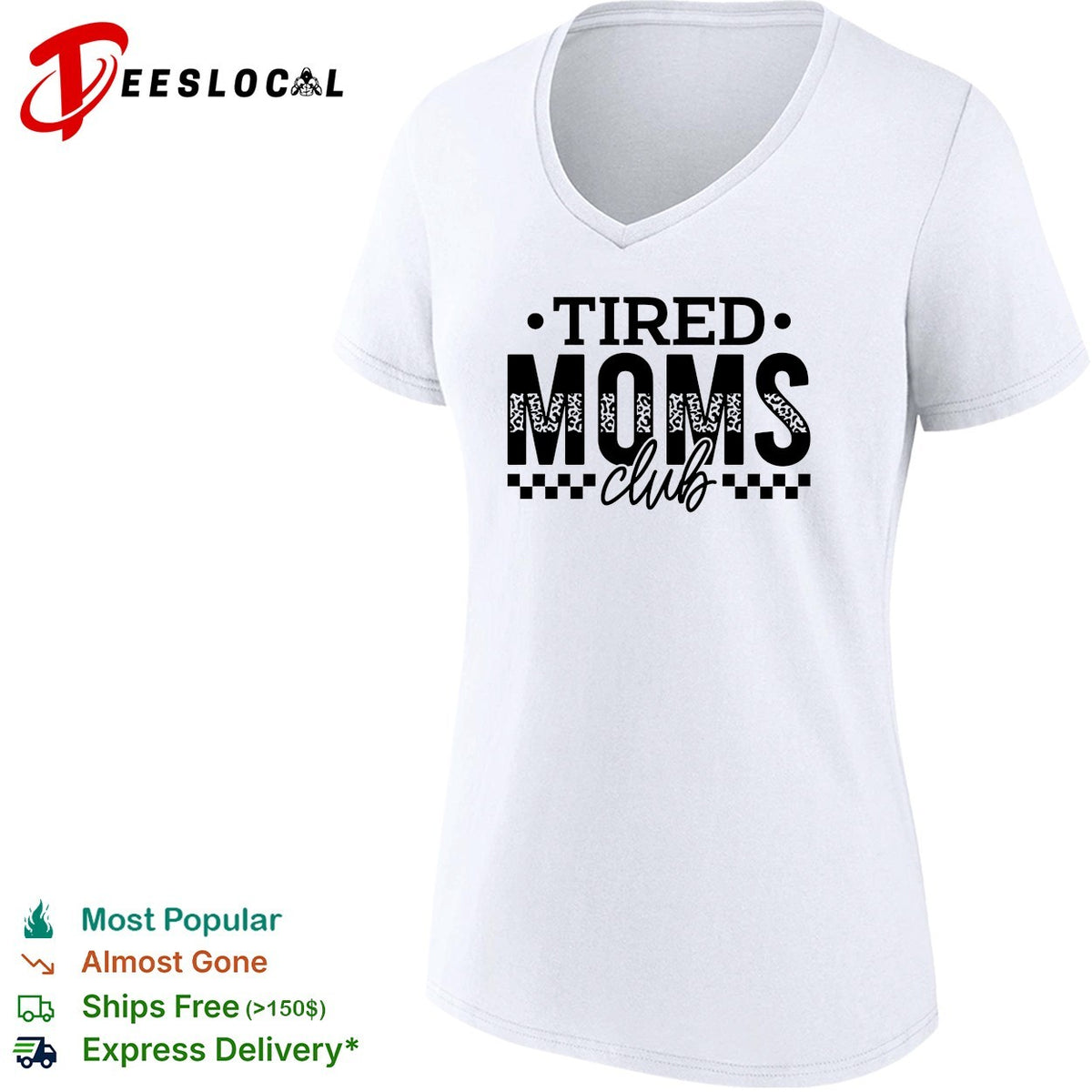 Tired Moms Club leopard print and checkered pattern design on shirt