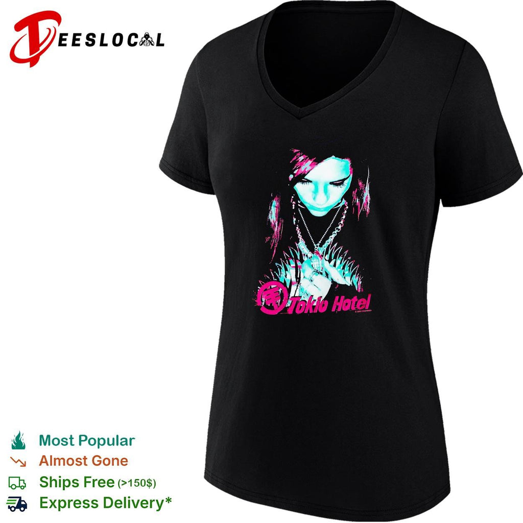 Tokio Hotel band member portrait wearing necklace dark moody graphic shirt