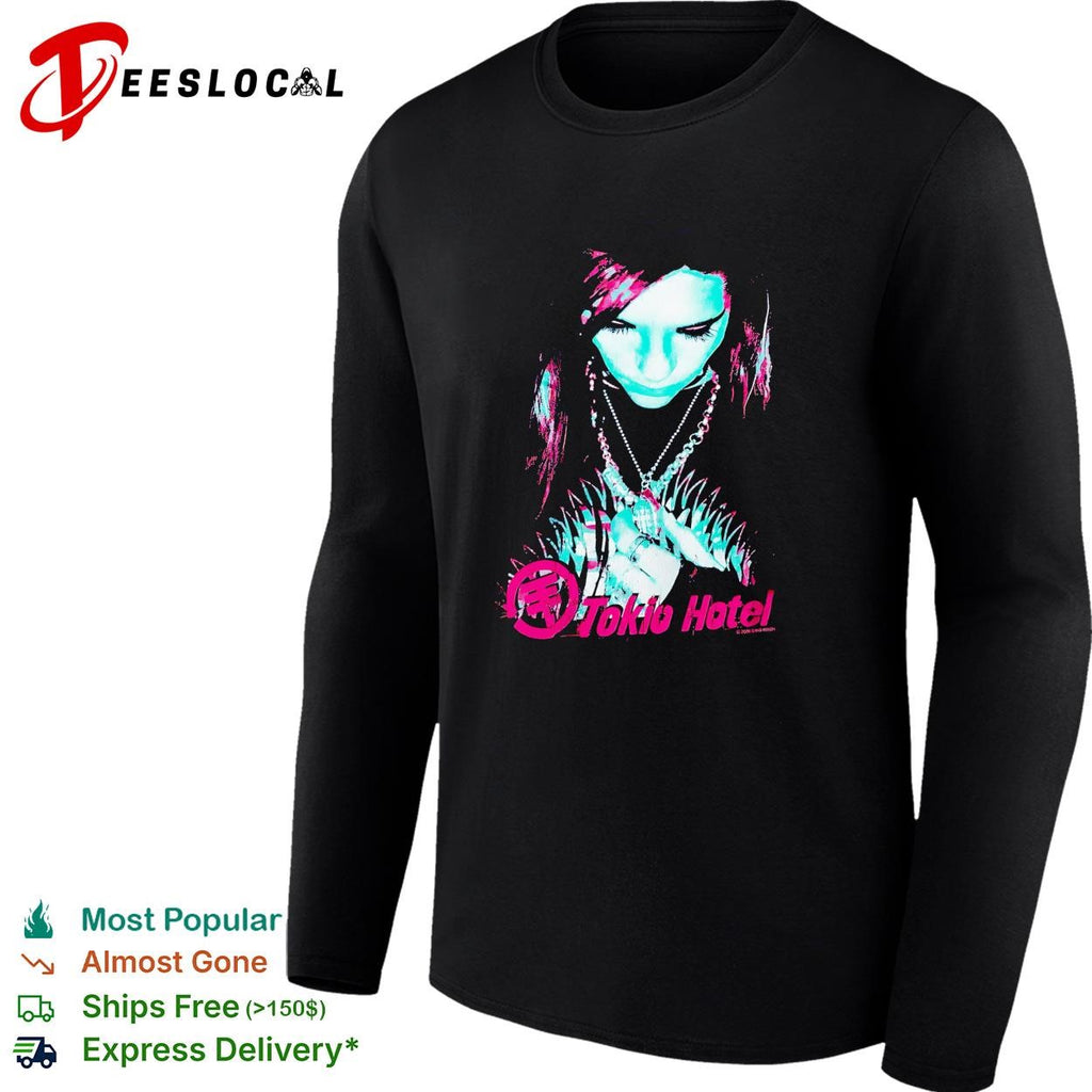Tokio Hotel band member portrait wearing necklace dark moody graphic shirt