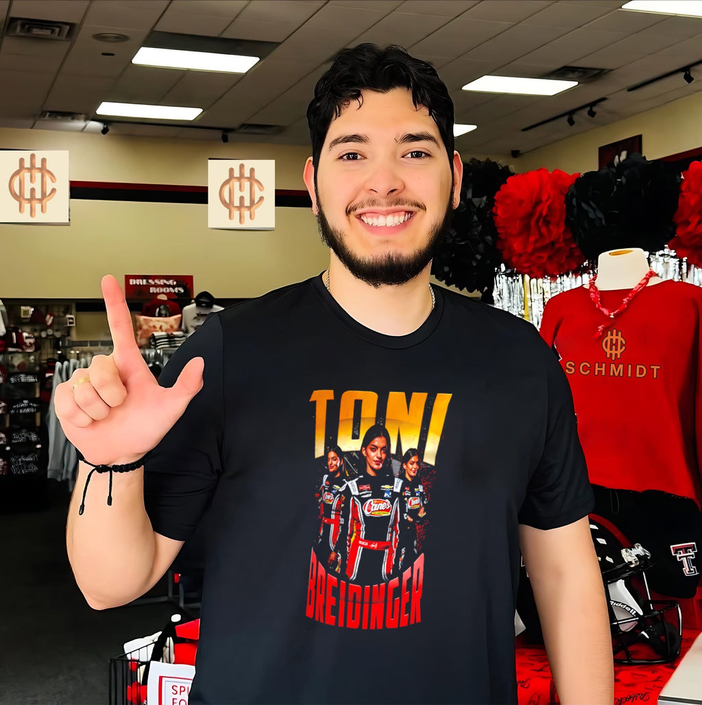 Toni Breidinger raising cane’s racing NASCAR shirt