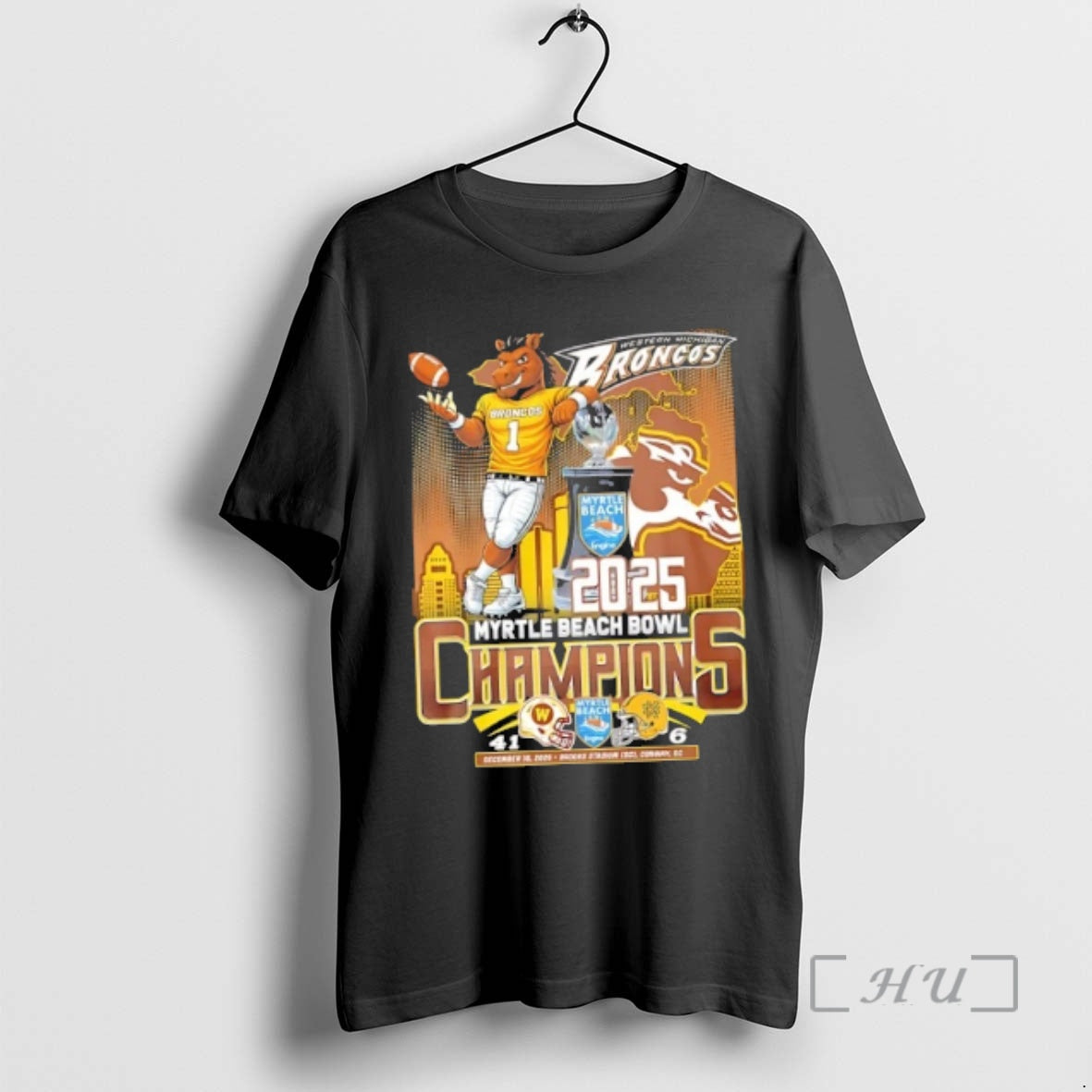 Trending 2025 Myrtle Beach Bowl Champions Western Michigan Broncos Mascot Skyline Premium T Shirts Sweater