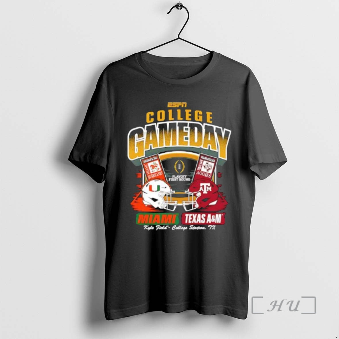 Trending Miami Vs Texas Am 2025_e2_80_9326 Cfp Espn Game Day Helmet Matchup Premium T Shirts