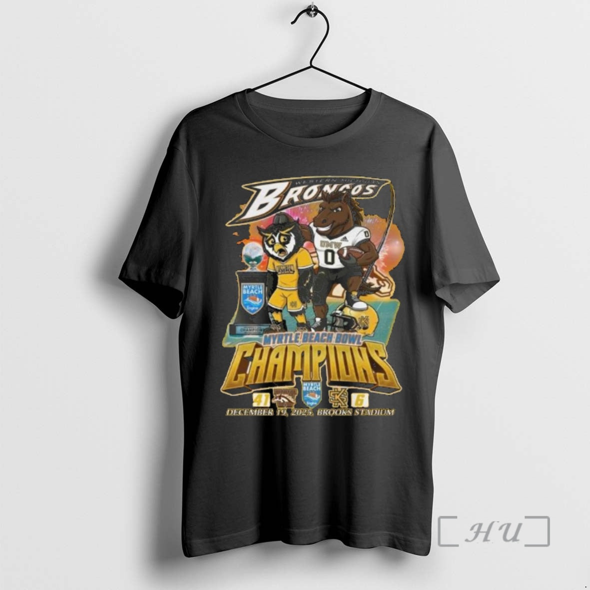 Trending Western Michigan Broncos Myrtle Beach Bowl Champions 2025 Beat Kennesaw Mascot Premium T Shirts