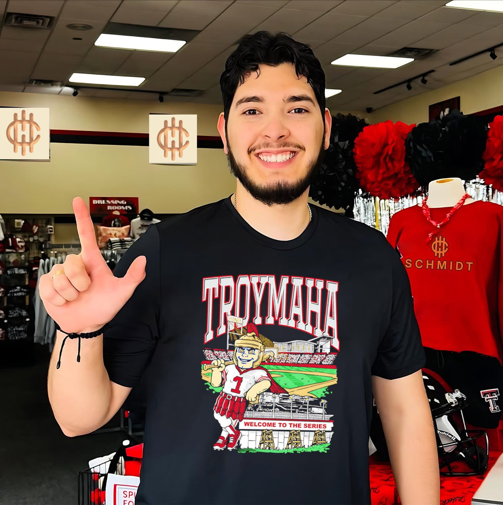 Troy Trojans Troymaha 2026 Men’s College World Series welcome to the series mascot shirt
