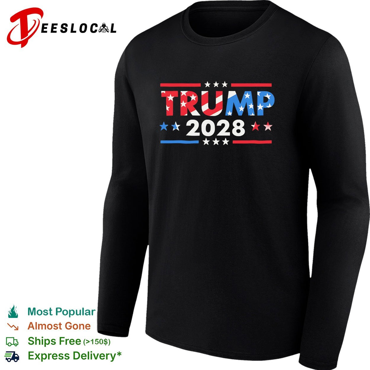 Trump 2028 bold patriotic flag stars stripes political fan art shirt