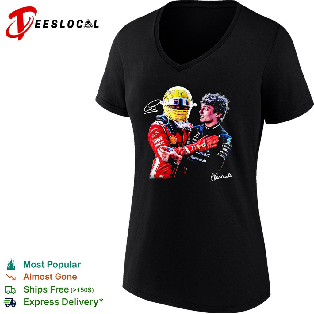 Two rival F1 drivers sporting embrace Ferrari Mercedes race podium friendship photo art shirt