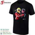 Two rival F1 drivers sporting embrace Ferrari Mercedes race podium friendship photo art shirt