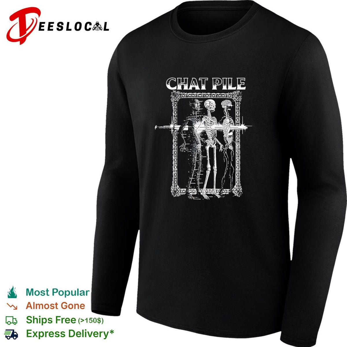 Two skeletons portrait ornate baroque frame gothic black shirt