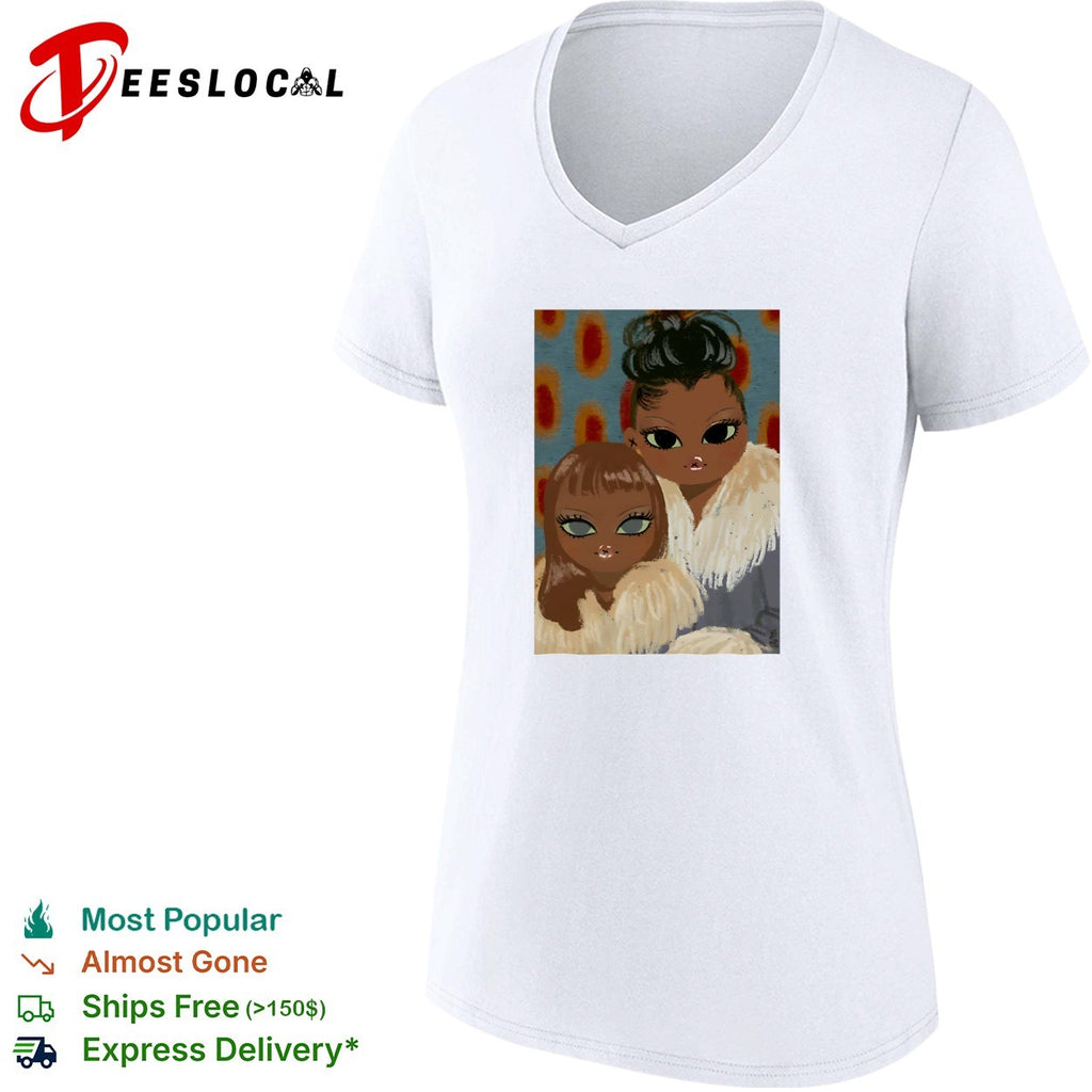 Two women portrait fur coats stylized illustration shirt